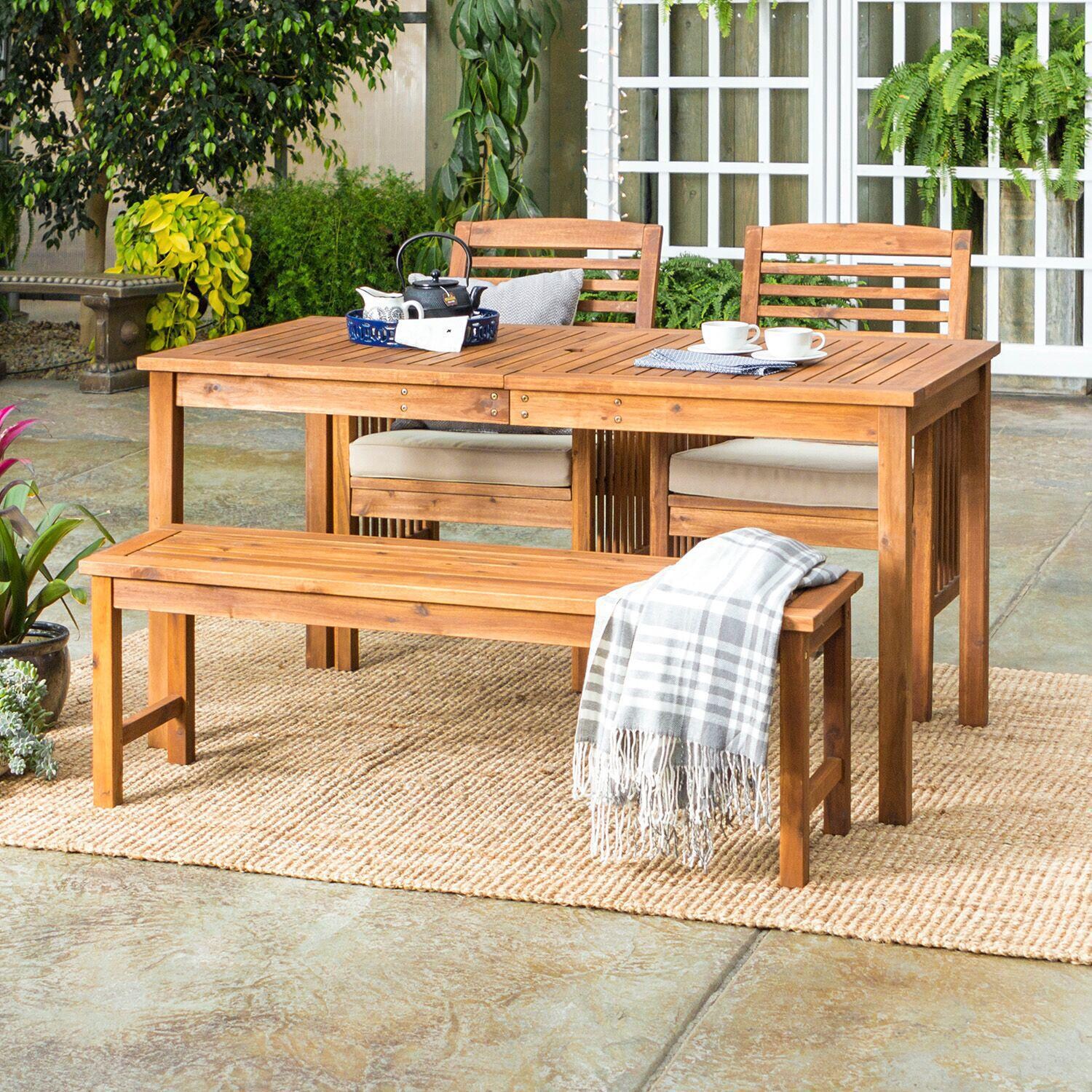 Ultimate Patio Horizon Way 4 Piece Brown Acacia Patio Dining Set By W/ 60 X 34 Inch Rectangular Table & Natural Cushions