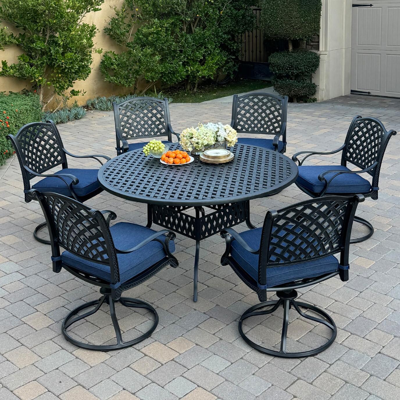Darlee B/DL13-7PCAR-30D-N Nassau 7 Pc Cast Aluminum Dining Set w/ Rocker in Antique Bronze w/ Navy Cushions - Set - Lifestyle thumbnail
