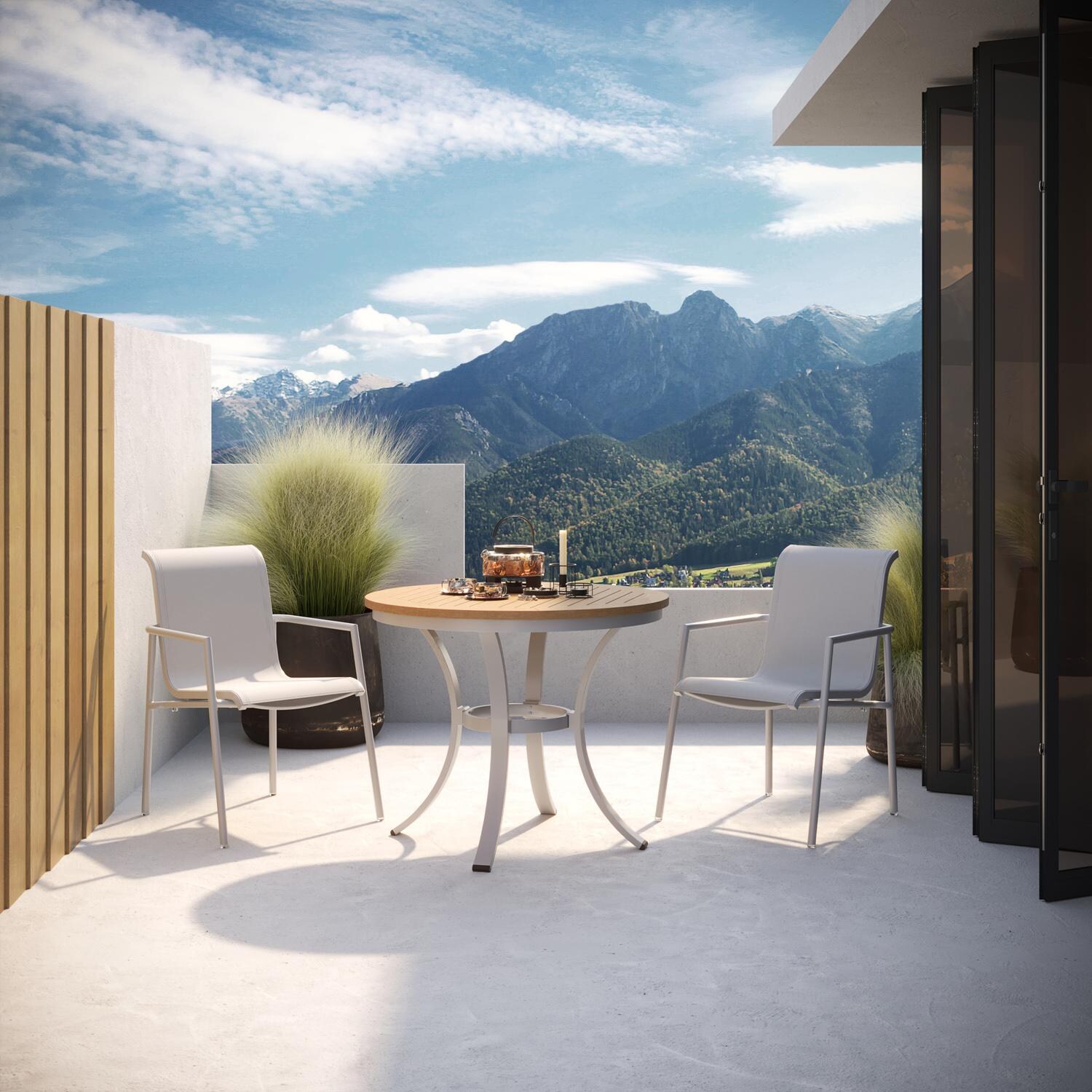 Oxford Garden Orso 3 Pc Soft Sling & Aluminum Arm Chair Bistro Set W/ Natural Tekwood Table Top in Flint/Fog thumbnail