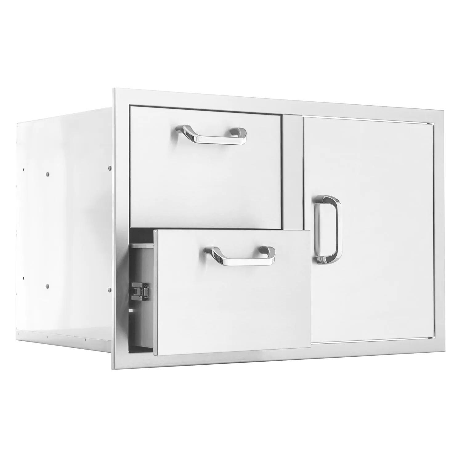 BBQGuys Signature 32-Inch Stainless Steel Reversible Access Door & Double Drawer Combo - Drawer Open - White Background thumbnail