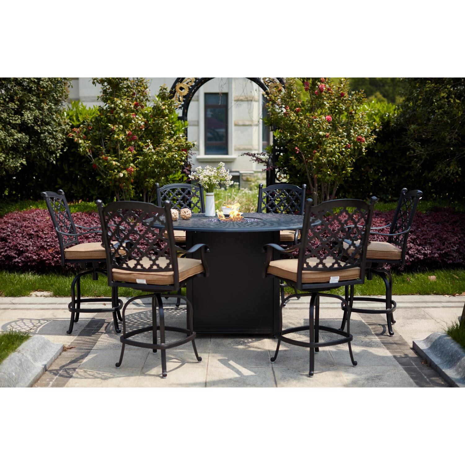 Darlee 201650-7PC-60GHD Madison 7 Piece Cast Aluminum Patio Counter Height Fire Pit Dining Set W/ 60 Inch Round Table - Lifestyle thumbnail