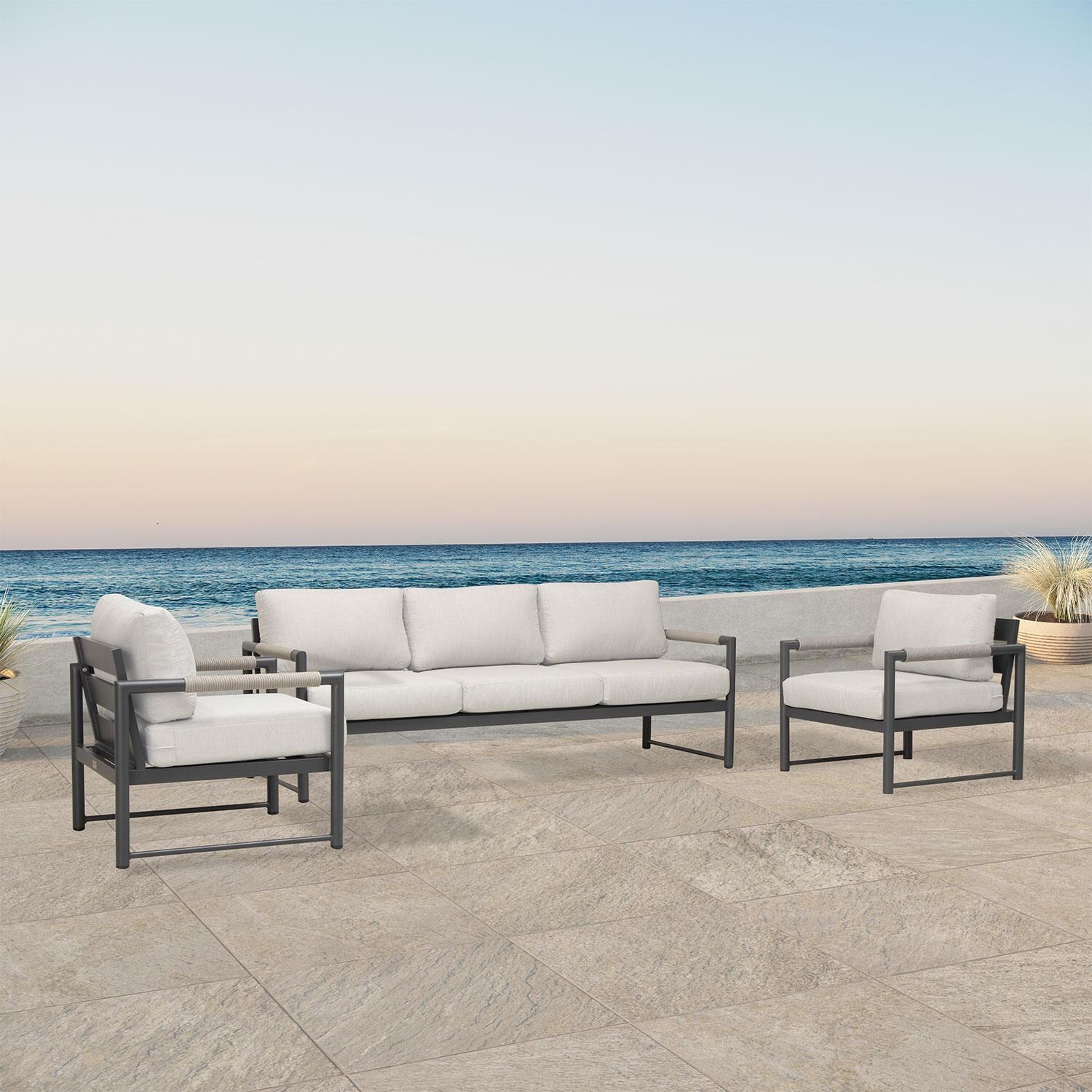 Lakeview AVEBAY-SL-PG-SET141-CS Avenue Bay Slate/Pebble Gray 3 Pc Sofa Club Chair Set - Cast Silver - Angled On Patio - Lifestyle thumbnail