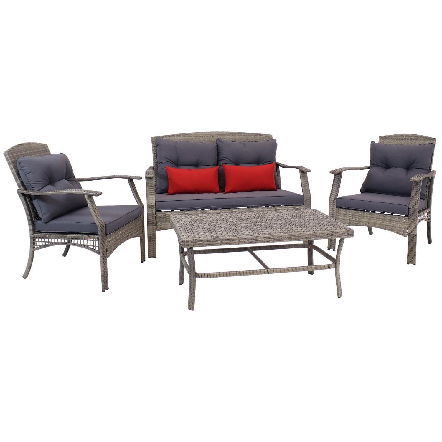 Ultimate Patio 4-Piece Resin Wicker Patio Conversation Set W/ Charcoal Cushions & Red Pillows - White Background thumbnail