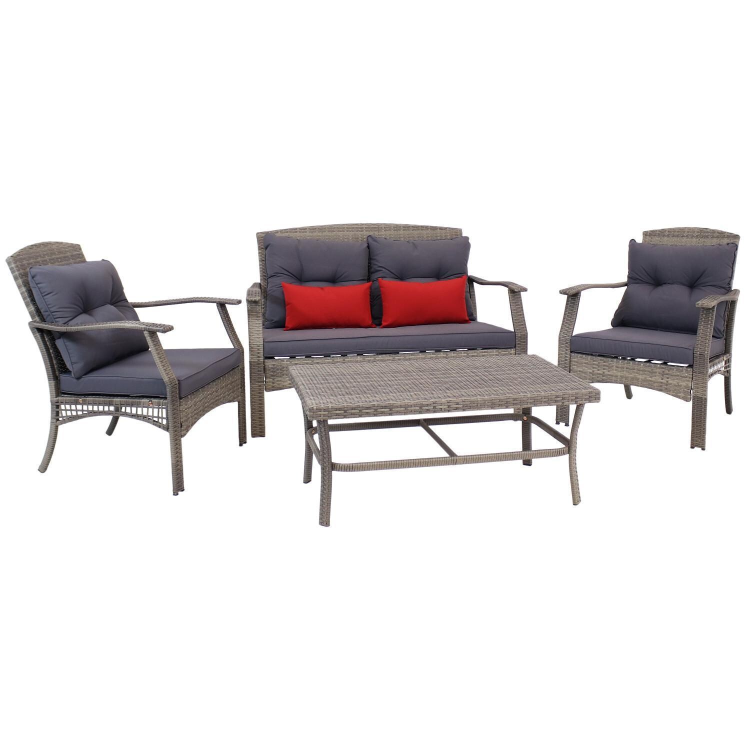 Ultimate Patio 4-Piece Resin Wicker Patio Conversation Set W/ Charcoal Cushions & Red Pillows - White Background thumbnail