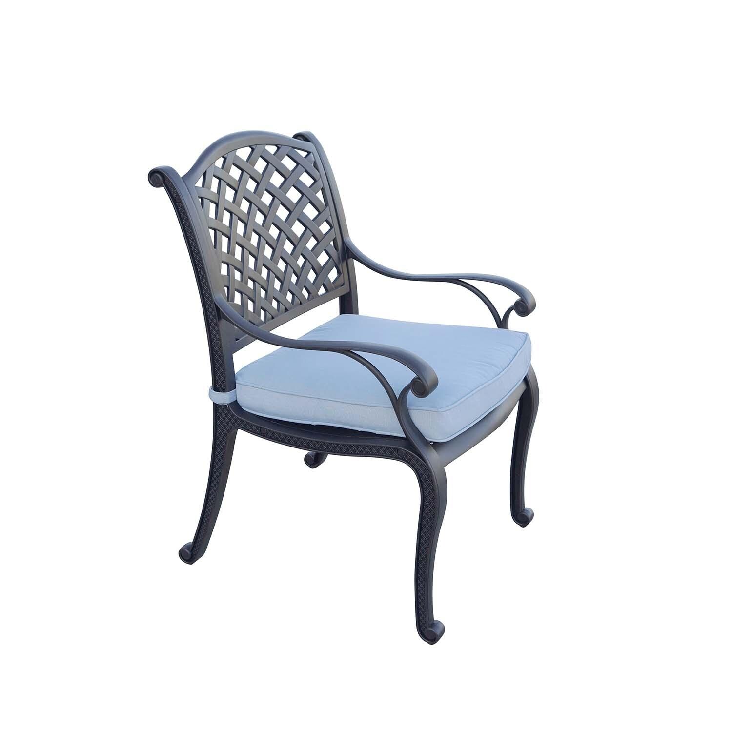 Nassau 5 Pc Cast Aluminum Dining Set w/ Sky Blue Cushions in Antique Bronze By Darlee - Angled View Chair - White Background thumbnail