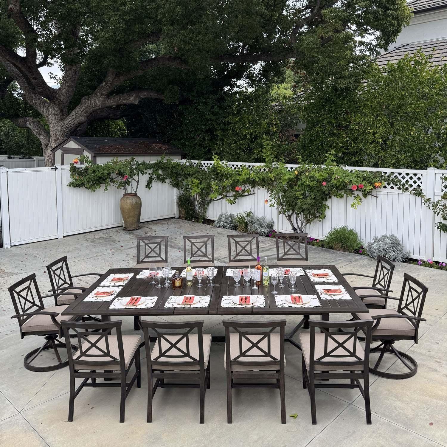 Atlantis 13 Pc Aluminum Swivel / Rocker Dining Set in Walnut/Beige by Darlee - Lifestyle thumbnail