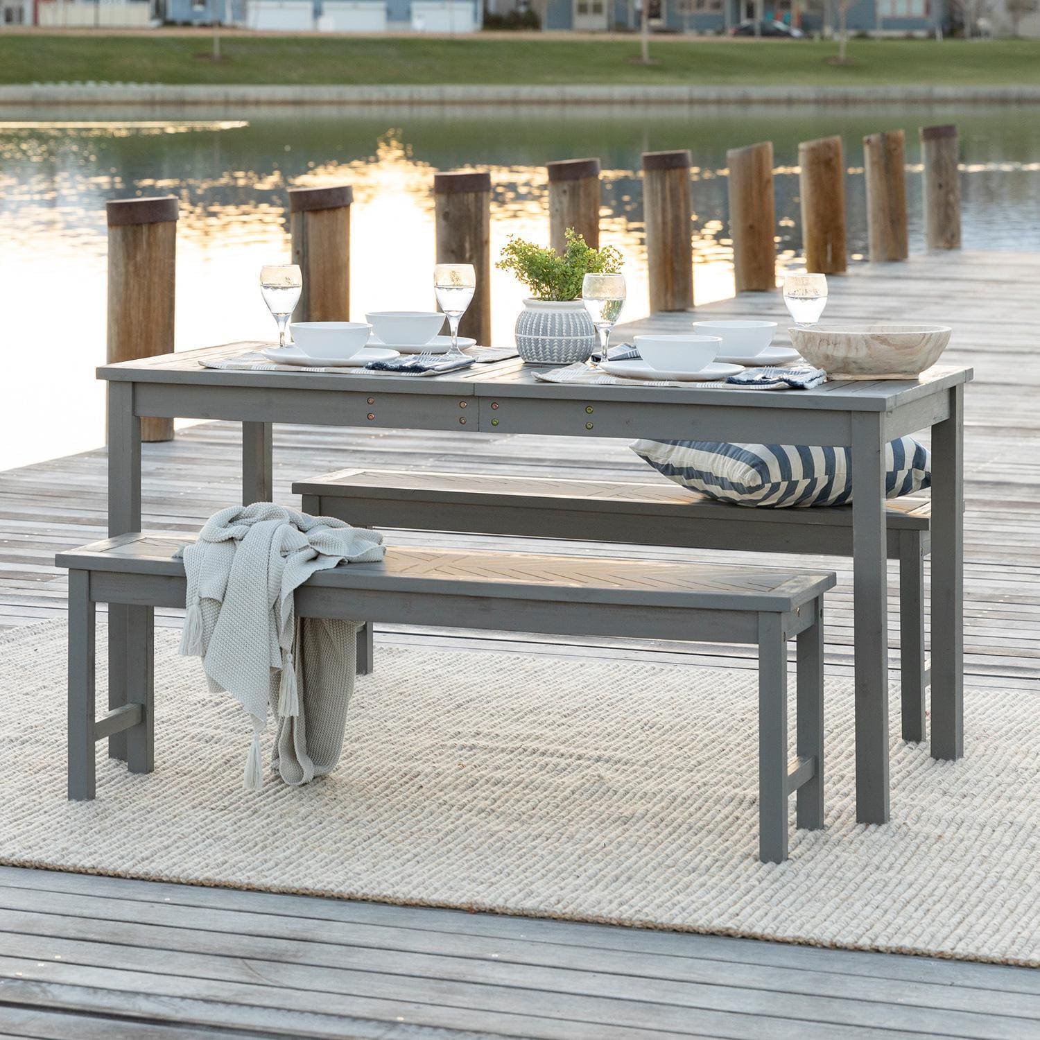 Ultimate Patio Wishlake 3 Piece Acacia Patio Dining Set W/ 60 X 32 Inch Rectangular Table - Gray Wash thumbnail