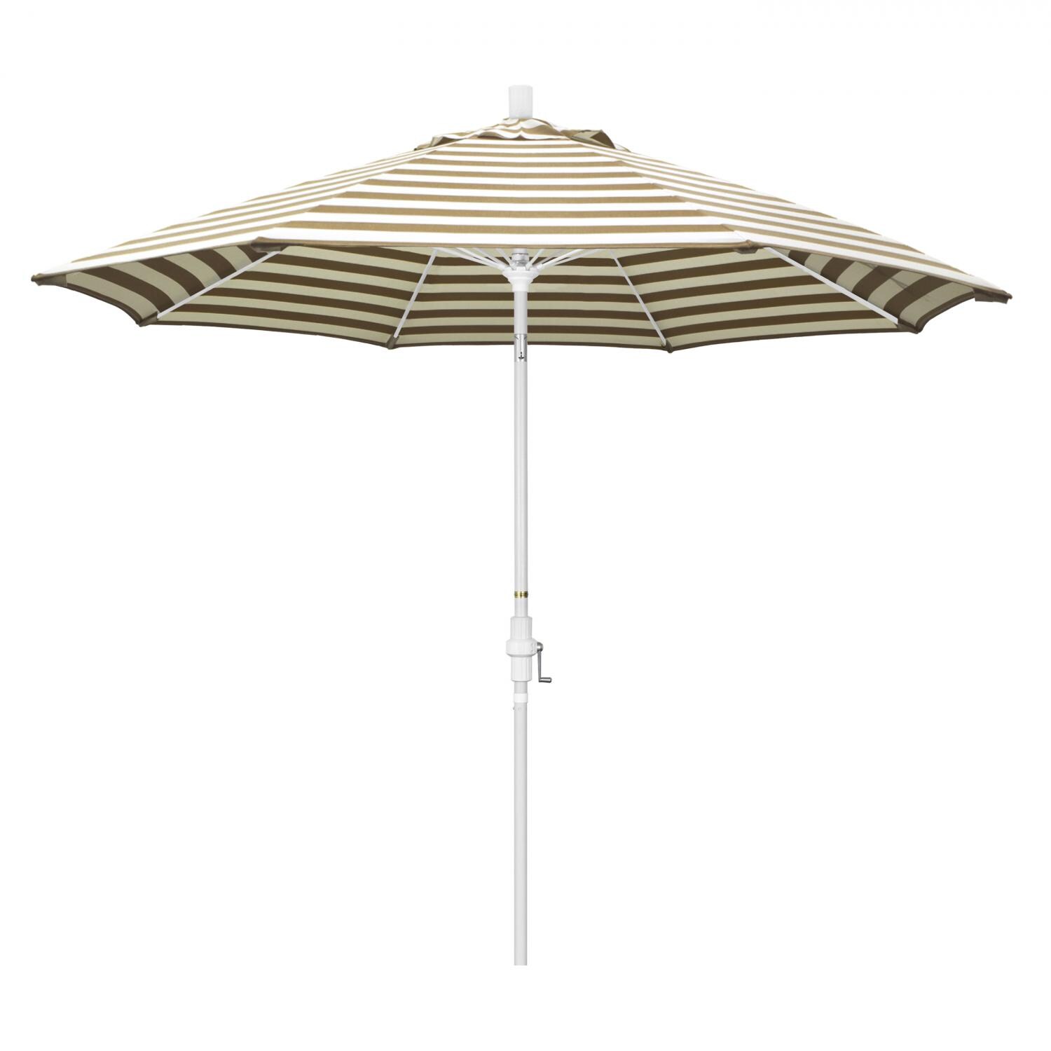 California Umbrella Sun Master Series 9 Ft Octagonal Aluminum Collar Tilt Patio Umbrella W/ Crank Lift & Fiberglass Ribs - Matted White Frame / Olefin Beige White Cabana Stripe Canopy