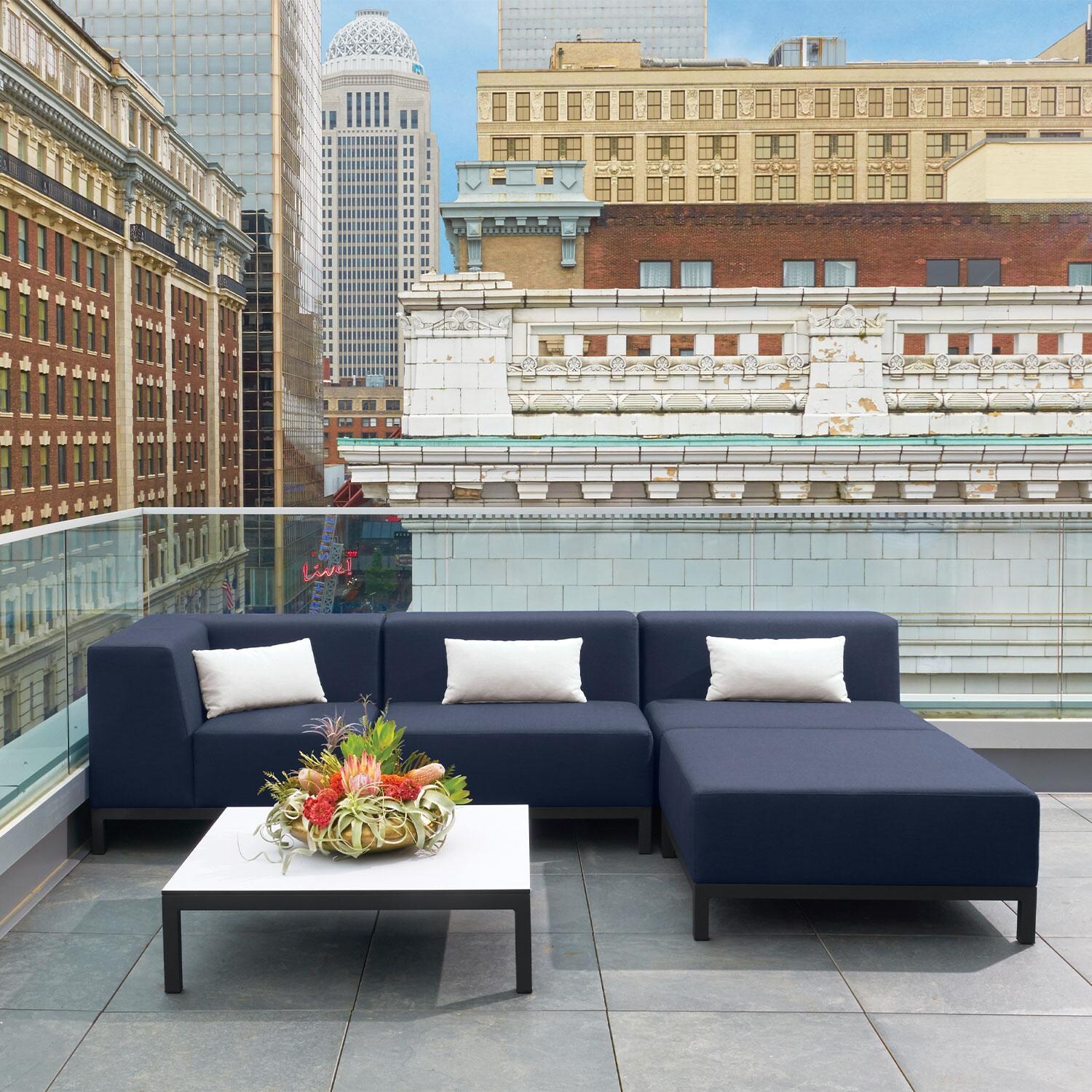 Koral 5 Pc Powder-Coated Aluminum Sectional Seating Set W/ Lumbar Pillows in Spectrum Indigo/Carbon/Ice White By Oxford Garden