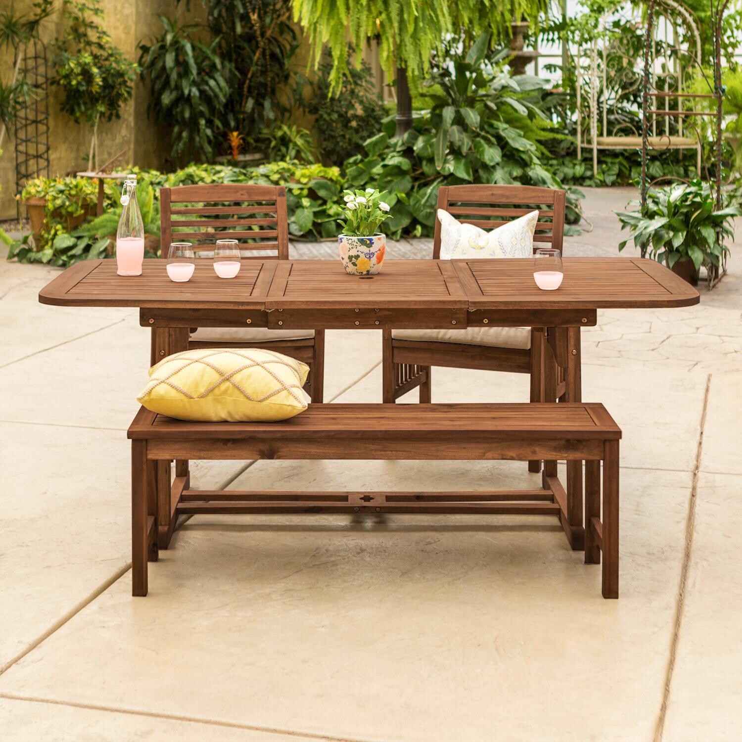 Walker Edison Midland 4 Piece Acacia Patio Dining Set W/ 55-79 X 35 Inch Extension Rectangular Table - Dark Brown image