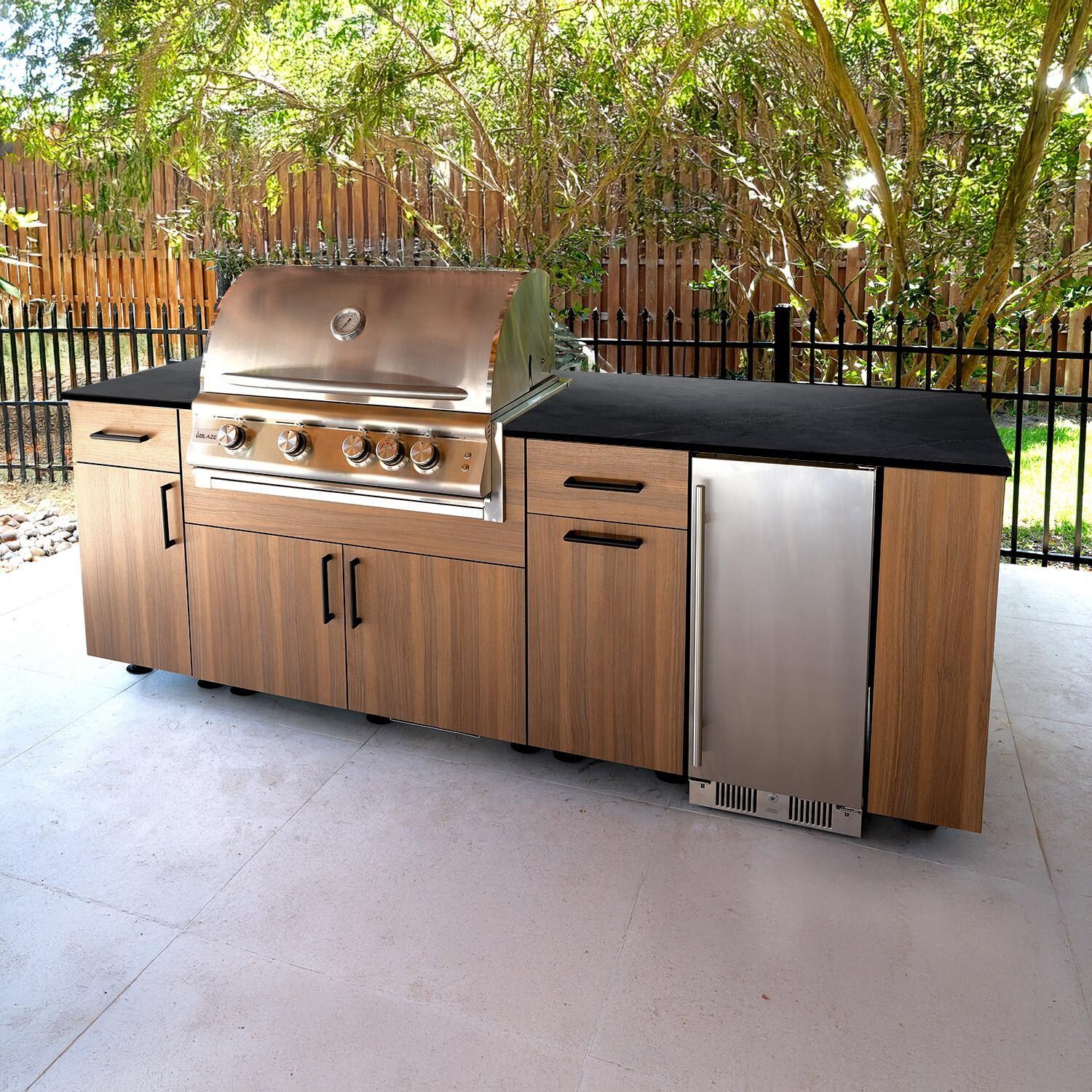 BBQGuys Signature Oasis 8 Ft Outdoor Kitchen Island w/ Blaze Propane Grill & Refrigerator in Noce Havana/Marquina Black - Island - Lifestyle thumbnail