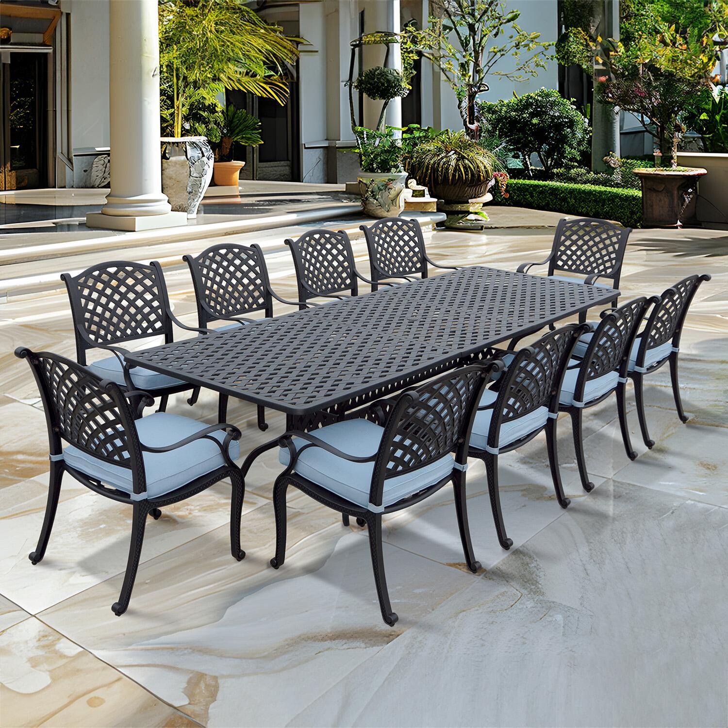 Nassau 11 Pc Cast Aluminum Dining Set w/ 92 X 42 Inch Series 30 Extension Table in Antique Bronze/Sky Blue by Darlee