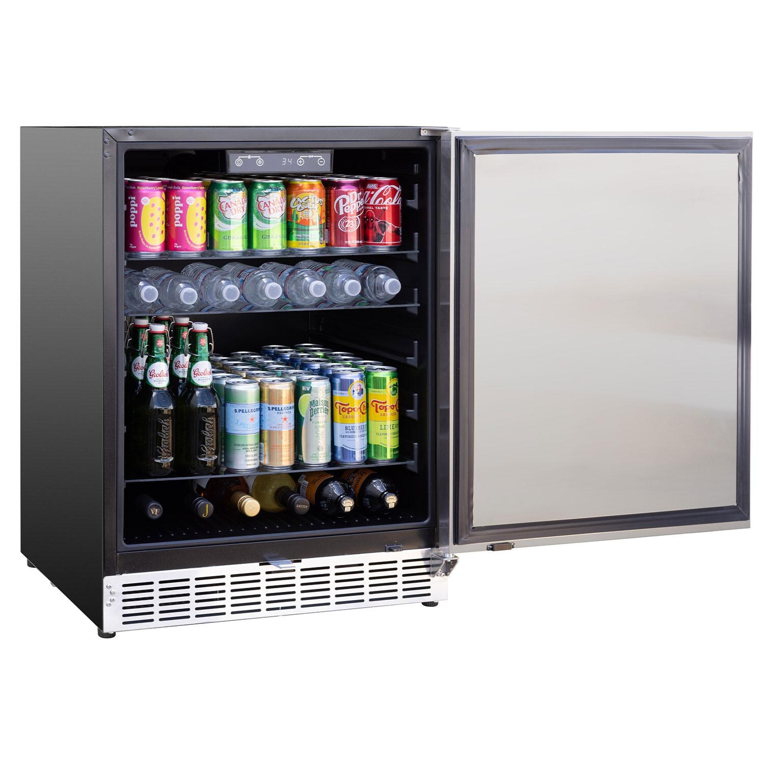 Summerset RFR-24S-A 24 Inch Outdoor Rated Refrigerator - Angled - Open View - Fridge Full - White Background thumbnail