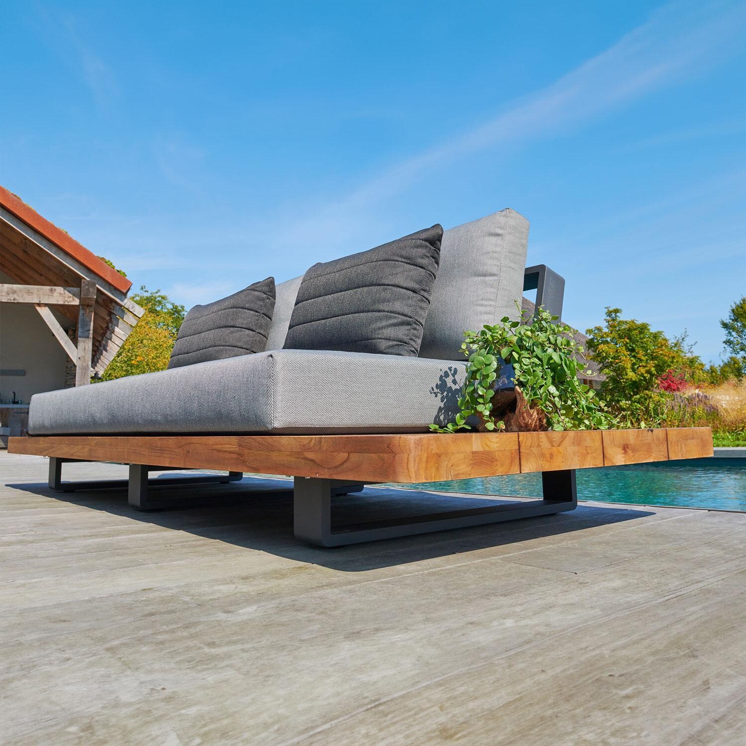 Fitz Roy 3 Person Aluminum/Teak Deep Seating Open Sofa in Lava By KETTLER - Side View - Lifestyle thumbnail