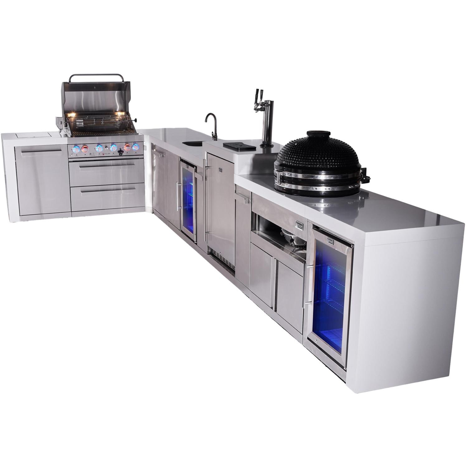 Mont Alpi Deluxe Series 13 1/2 Ft L-Shaped Natural Gas Outdoor Kitchen Island w/ 32-in Grill, Side Burner, Beverage Center, Kegerator, Kamado Module & Extra Door (Ships Propane w/ Conversion Kit) - Grill Open - White Background thumbnail