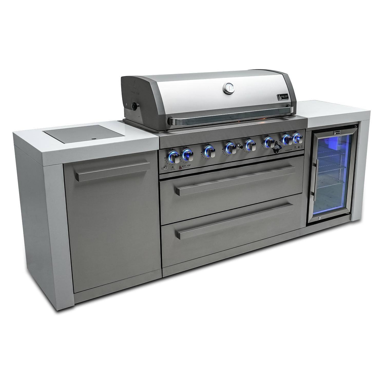 Mont Alpi MAi805-DFC Deluxe Propane Gas Island Grill W/ Refrigerator Cabinet - From Left - White Background