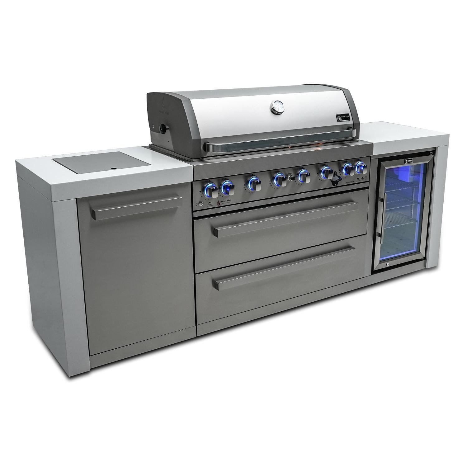 Mont Alpi MAi805-DFC Deluxe Propane Gas Island Grill W/ Refrigerator Cabinet - From Left - White Background thumbnail