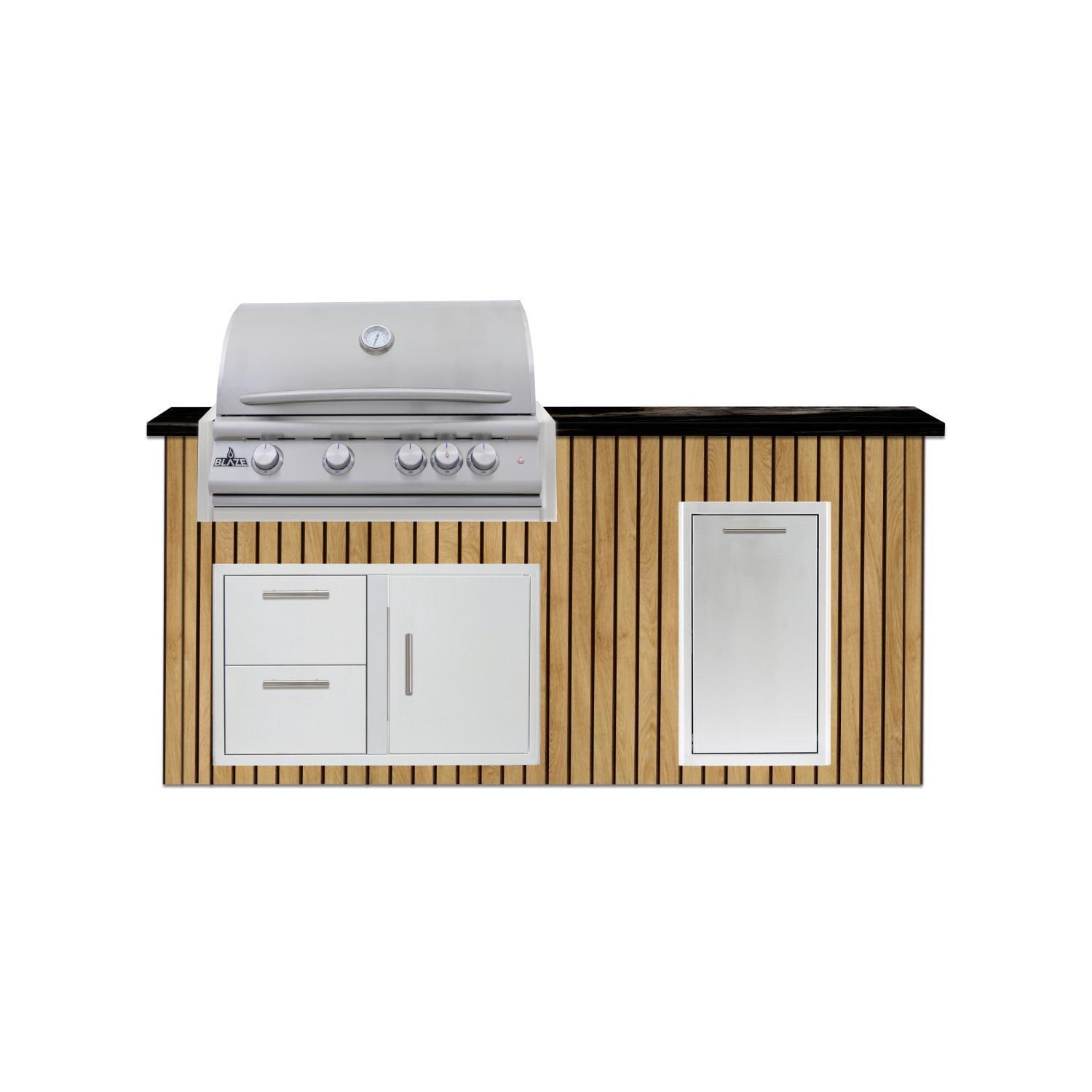 BBQGuys Signature  6 Ft Outdoor Kitchen Island w/ 32-in Blaze LTE+ Propane Grill & Narrow Trash Bin | Sun Bleached Oak w/ Nero Mist Granite - Island - White Background thumbnail