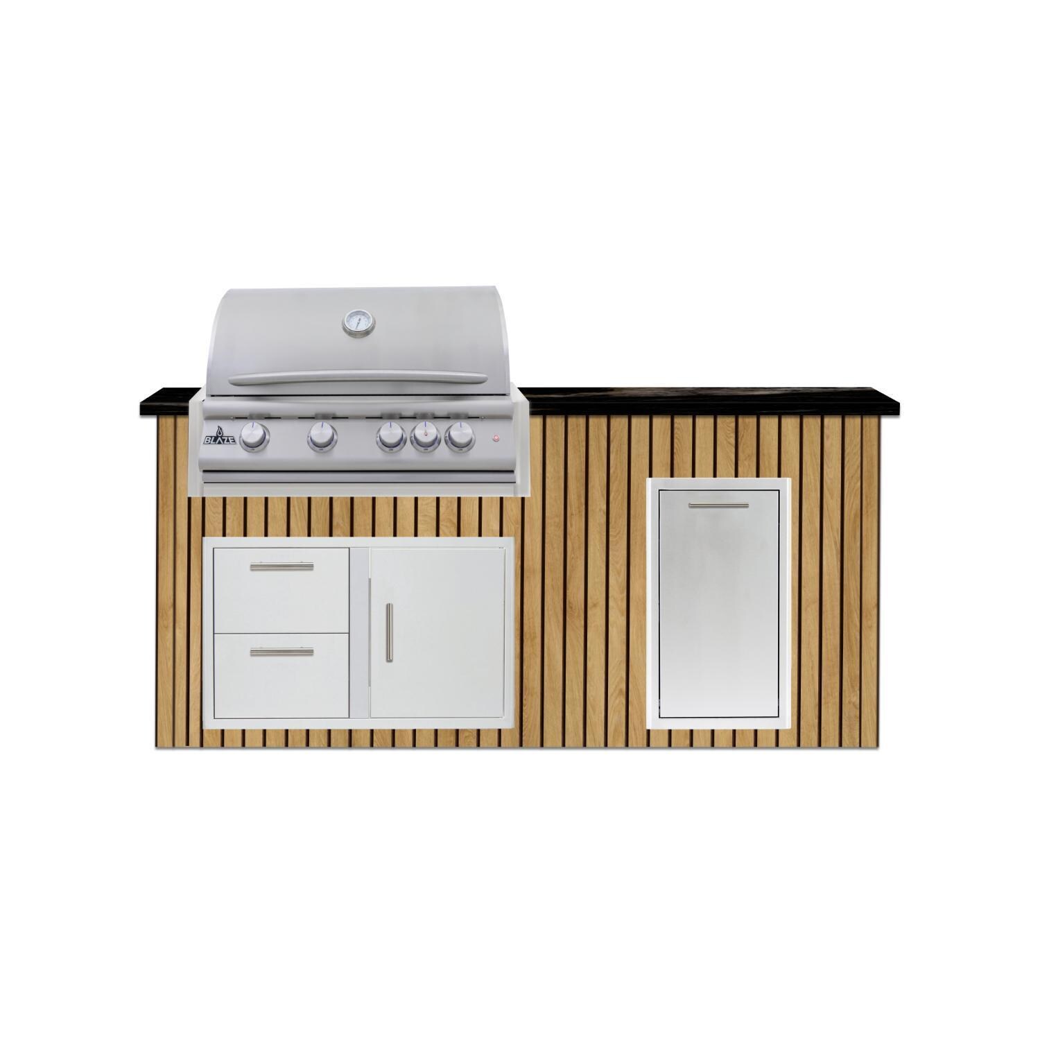 BBQGuys Signature 6 Ft Outdoor Kitchen Island w/ 32-in Blaze LTE+ Propane Grill & Narrow Trash Bin | Sun Bleached Oak w/ Nero Mist Granite