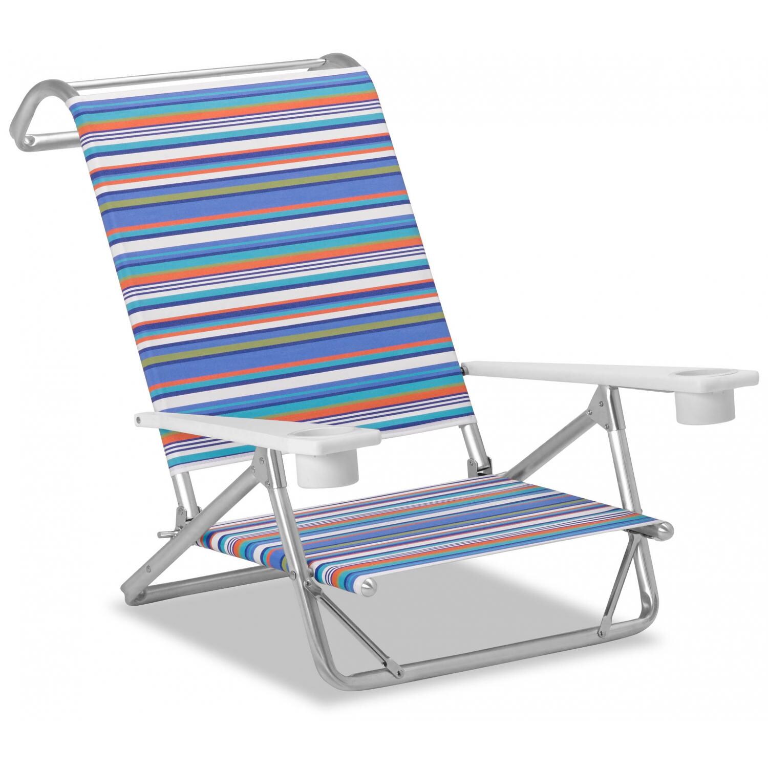 Original Mini-Sun Folding Aluminum Beach Chair With Cupholders By Telescope Casual - Atlantic Blue Stripe