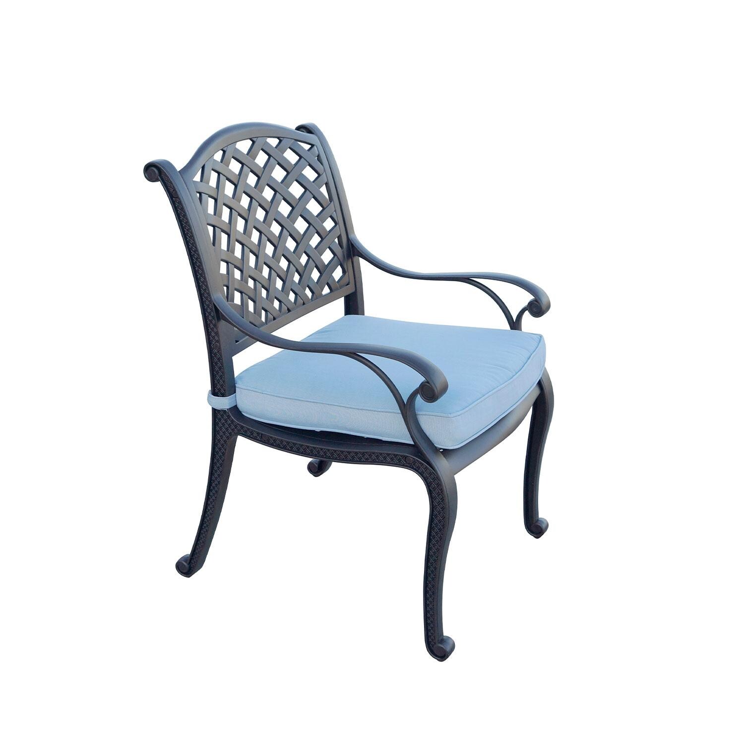 Nassau Cast Aluminum Dining Chair in Antique Bronze/Sky Blue by Darlee - Side View - White Background thumbnail