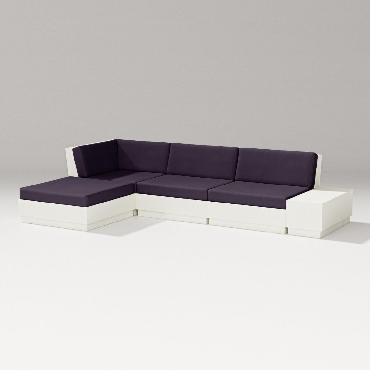 Elevate 5 Pc Recycled Plastic Chaise Sectional Seating Set in Vintage White/Navy Linen By PW Designer Series