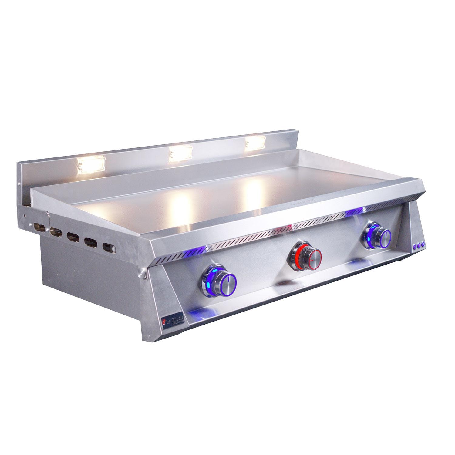 Le Griddle OML105P3 LP Pro Series 105 3 Burner Built-In Propane Flat Top Grill w/ 3mm Plate - Independent Heat Zones - Side View - White Background thumbnail