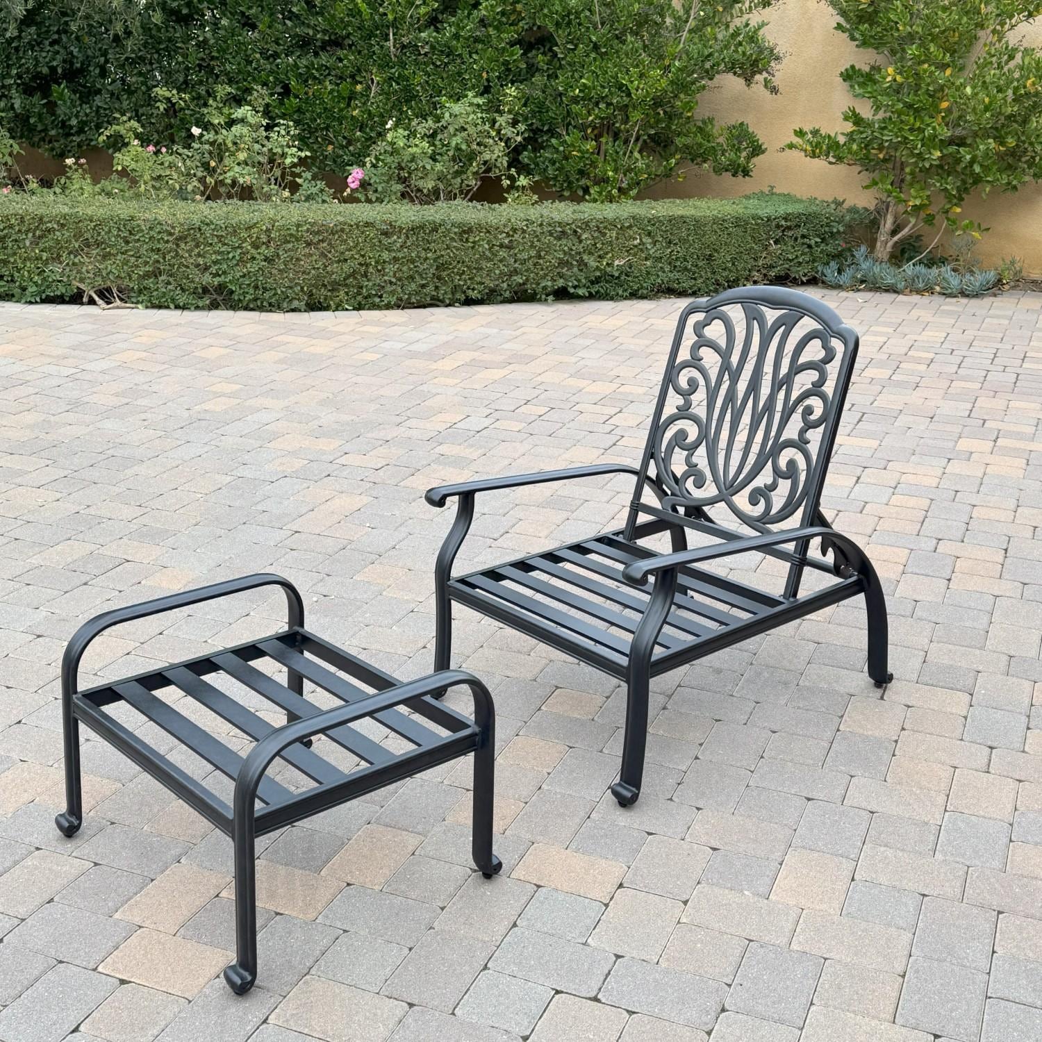 Elisabeth 6 Pc Set Cast Aluminum Seating Set w/ 49 X 35 Inch Fire Pit Table w/ Adjustable Club Chair, Sofa, and Ottoman in Sesame/Antique Bronze by Darlee - Chair and Ottoman w/o Cushion - Lifestyle thumbnail