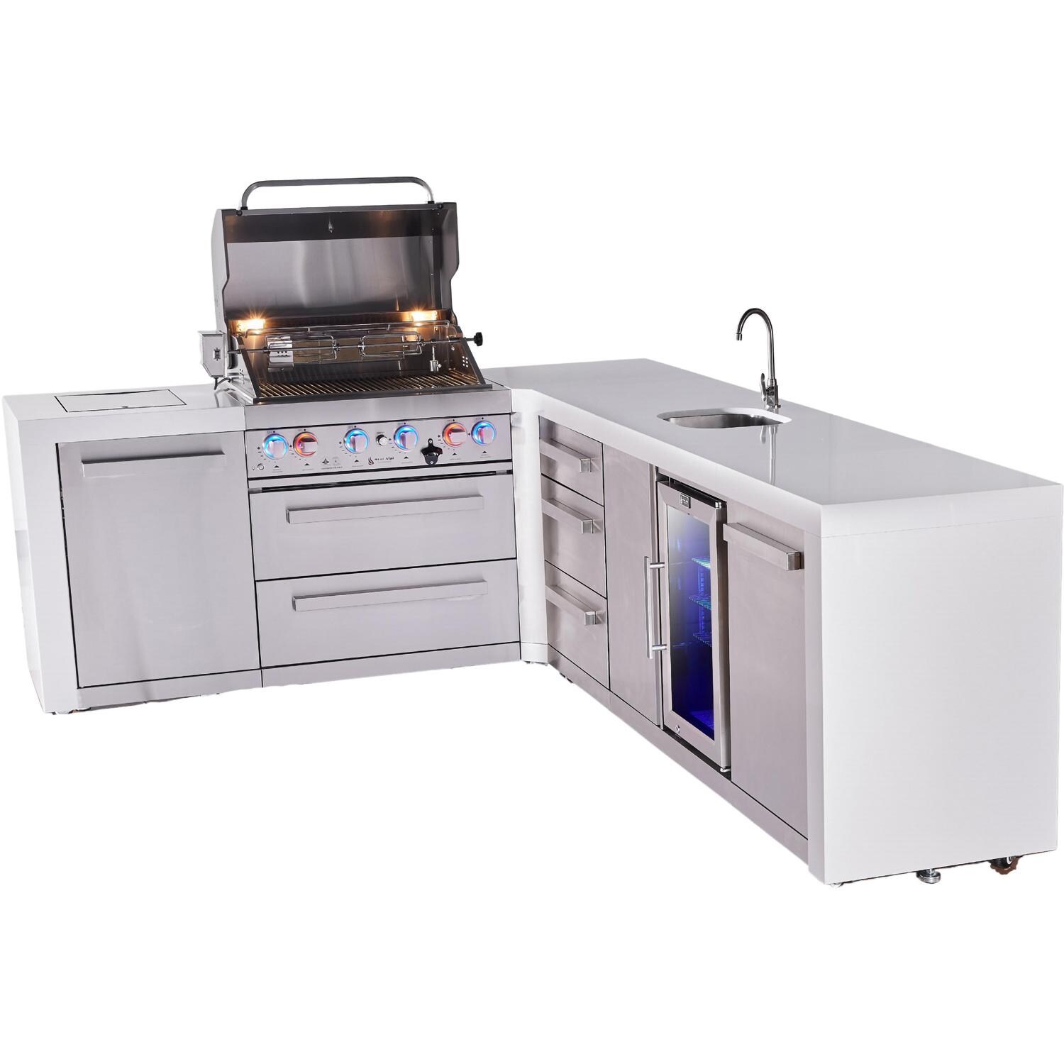 Mont Alpi Deluxe Series 9 1/2 Ft L-Shaped Natural Gas Outdoor Kitchen Island w/ 32-in Grill, Side Burner, Beverage Center & Triple Drawer (Ships Propane w/ Conversion Kit) - Grill Open - White Background thumbnail