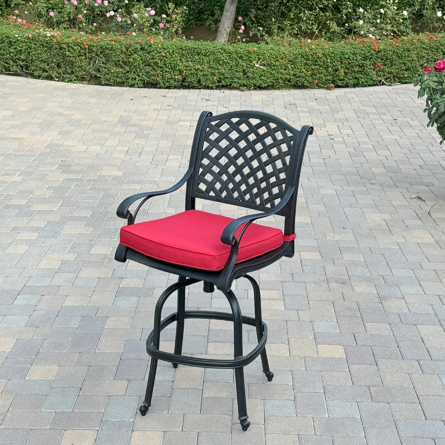 Darlee B/DL13-5PC-50F-R Nassau 5 Pc Cast Aluminum Bar Set in Antique Bronze w/ Red Cushions - Chair Angle - Lifestyle thumbnail