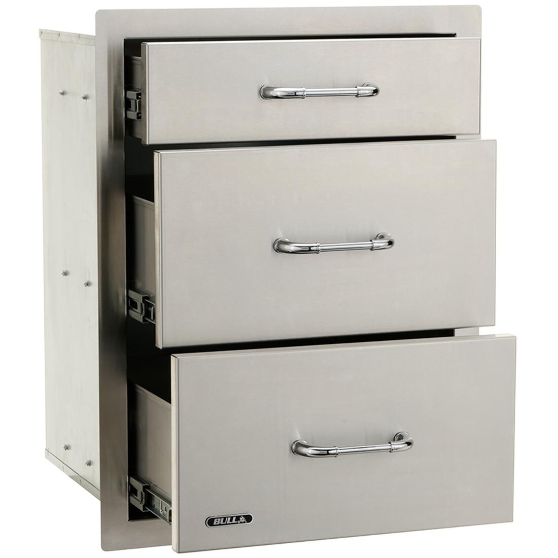 Bull 58110 21-Inch Stainless Steel Triple Access Drawer - Angled View With Drawers Open thumbnail