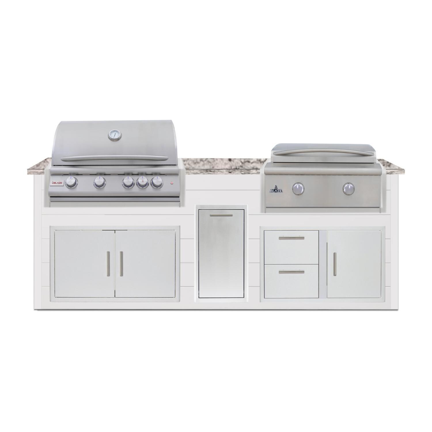 BBQGuys Signature 8 Ft Outdoor Kitchen Island w/ 32 Inch Natural Gas Blaze LTE+ Grill & Griddle & Narrow Trash Bin | Crystal White w/ White Granite