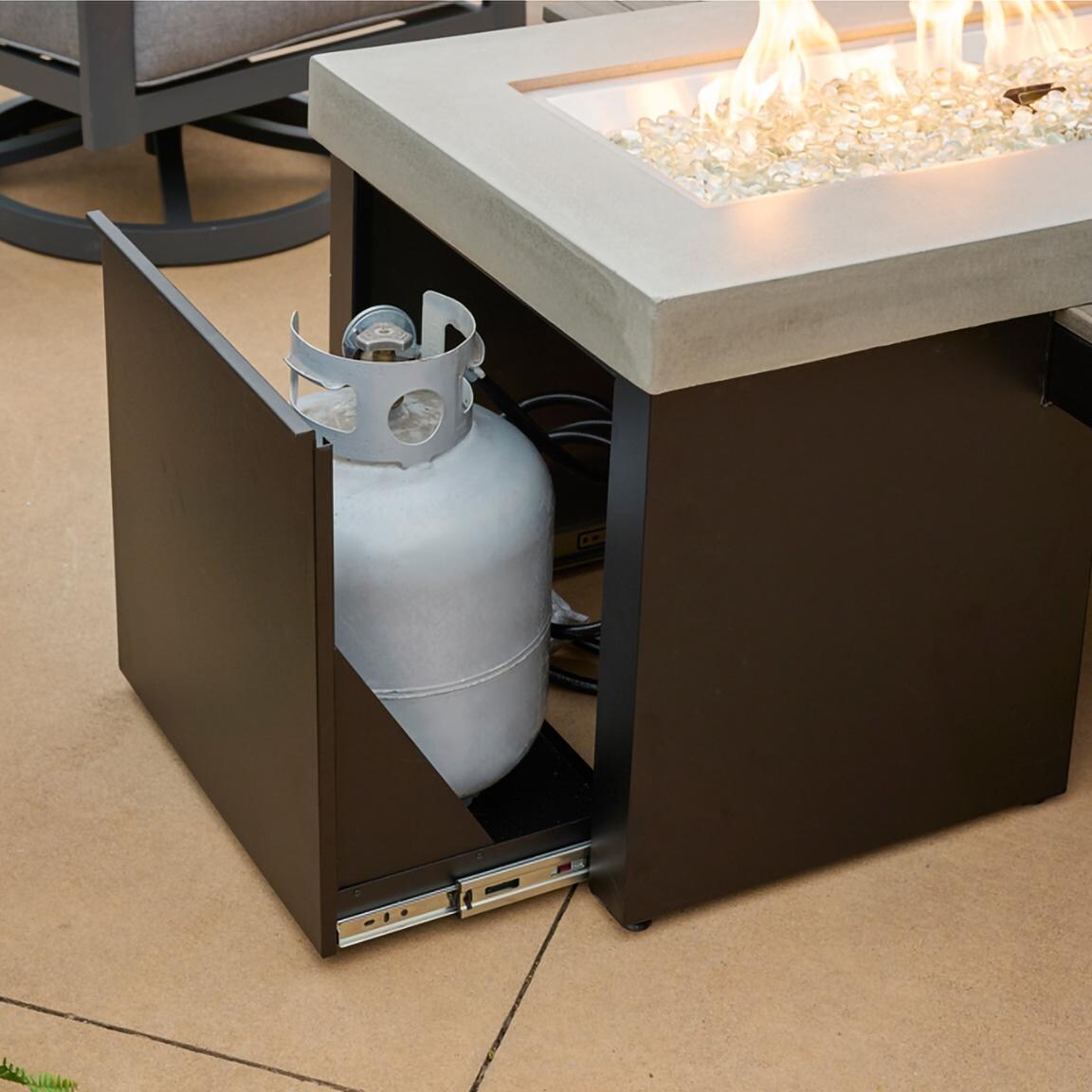 Lakeview Outdoor Designs Emfield 65 Inch Rectangular Aluminum Propane w/ Electronic Ignition Fire Pit Table in Coastal Grey - Tank Drawer by the Pool - Lifestyle thumbnail