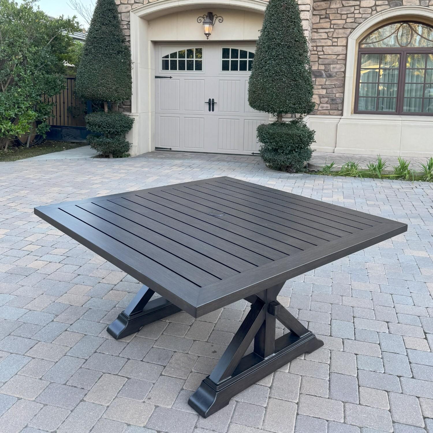 Brooklyn 9 Pc Aluminum Dining Set w/ 59 Inch Square Table in Sesame/Multi-brown by Darlee - Table - Lifestyle thumbnail