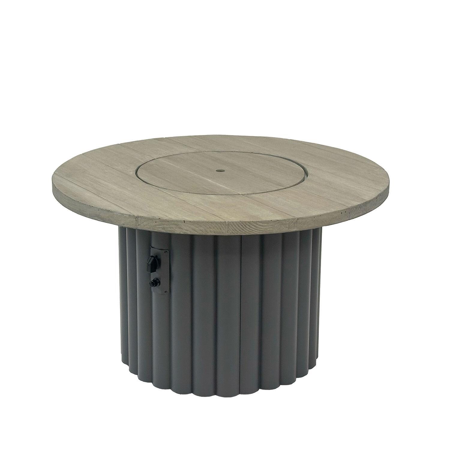 Reverie REVSCH-42-K 42-in Round Aluminum Gas Fire Pit Table w/ Smokey Oak Supercast Top & Charcoal Base - Cover On - White Background thumbnail