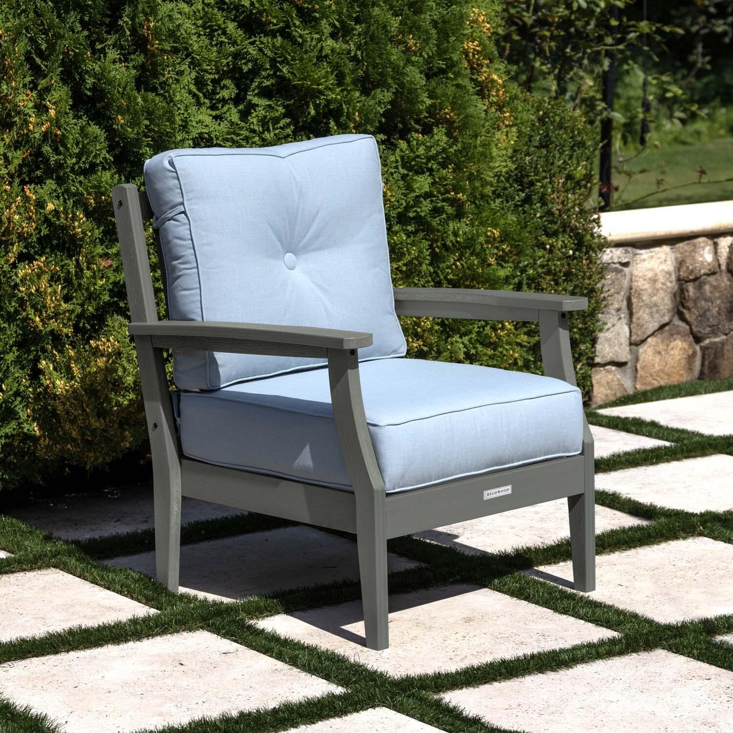 Blushing Bay Recycled Plastic Club Chair in Bliss Dew/Coastal Teak by Lakeview Outdoor Designs - On Patio - Lifestyle thumbnail