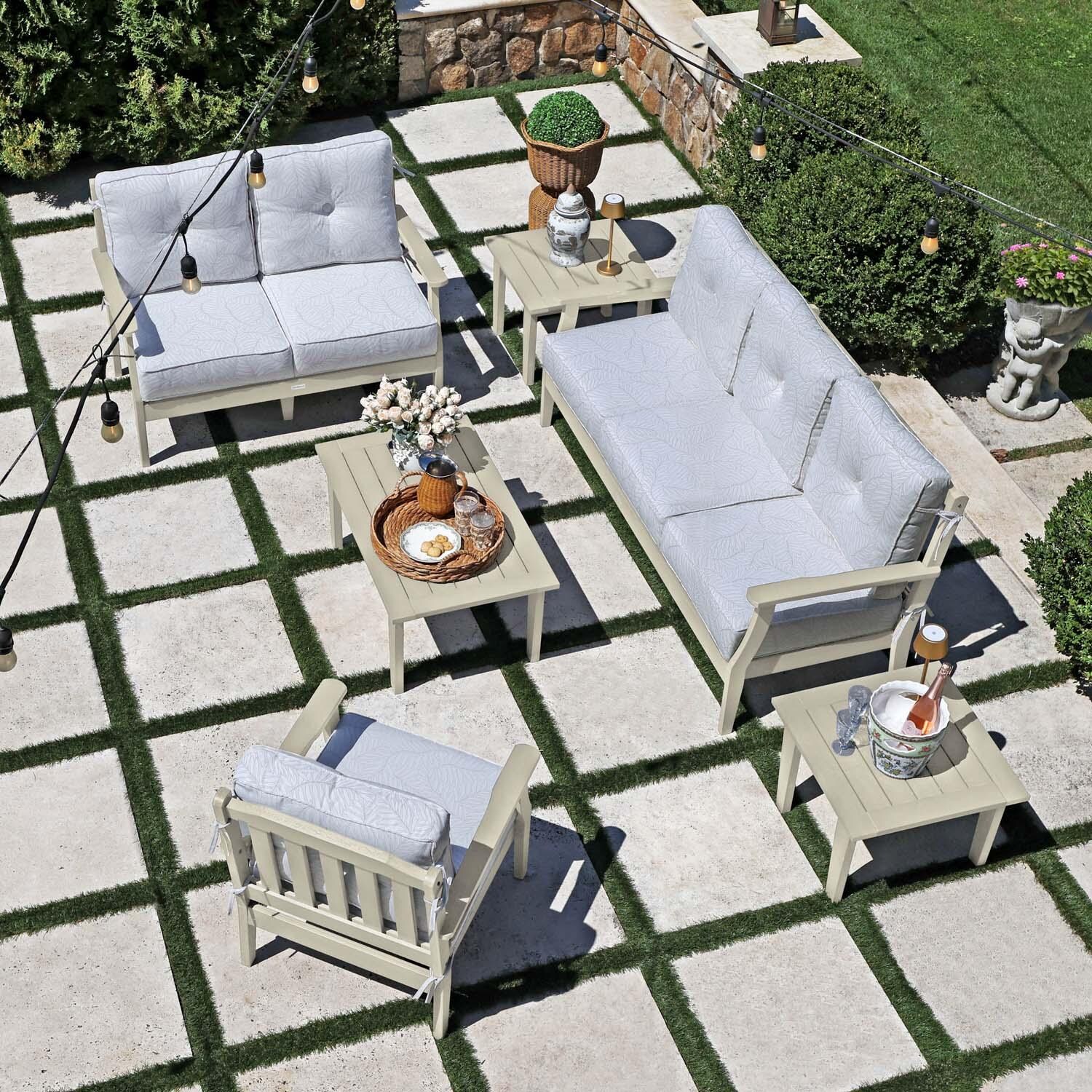Blushing Bay 6 Pc Recycled Plastic Grand Seating Set in Lively Parchment/Whitewash by Lakeview Outdoor Designs - Top View - Lifestyle thumbnail