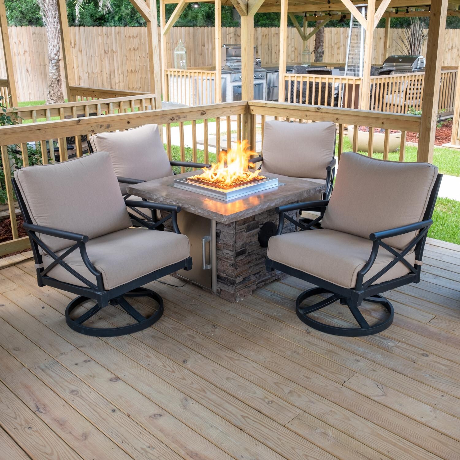 Blazing Beats 5 Piece Aluminum Patio Fire Table Conversation Set W/ Laguna Stacked Stone Fire Table Feat. Bluetooth - Natural Gas