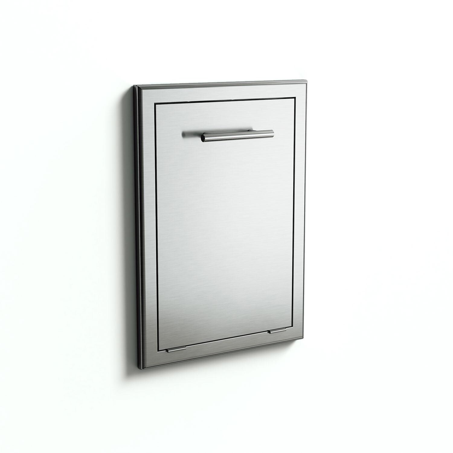 XO Appliance XOG18TRASH1 Pro-Grade 18-Inch Outdoor Stainless Steel Tilt-Out Center Trash Bin - Closed - White Background thumbnail