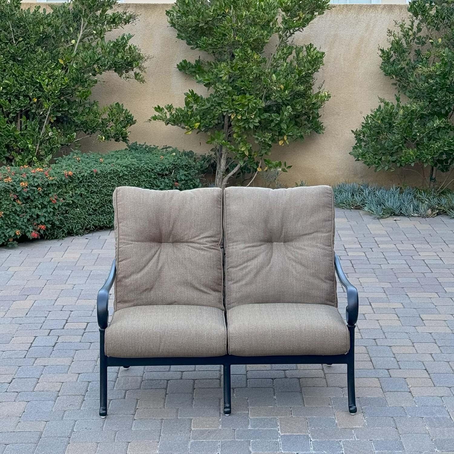 Santa Anita 6 Pc Cast Aluminum Seating Set w/ Ice Bucket End Table in Antique Bronze/Heather Beige by Darlee - Loveseat - Lifestyle thumbnail