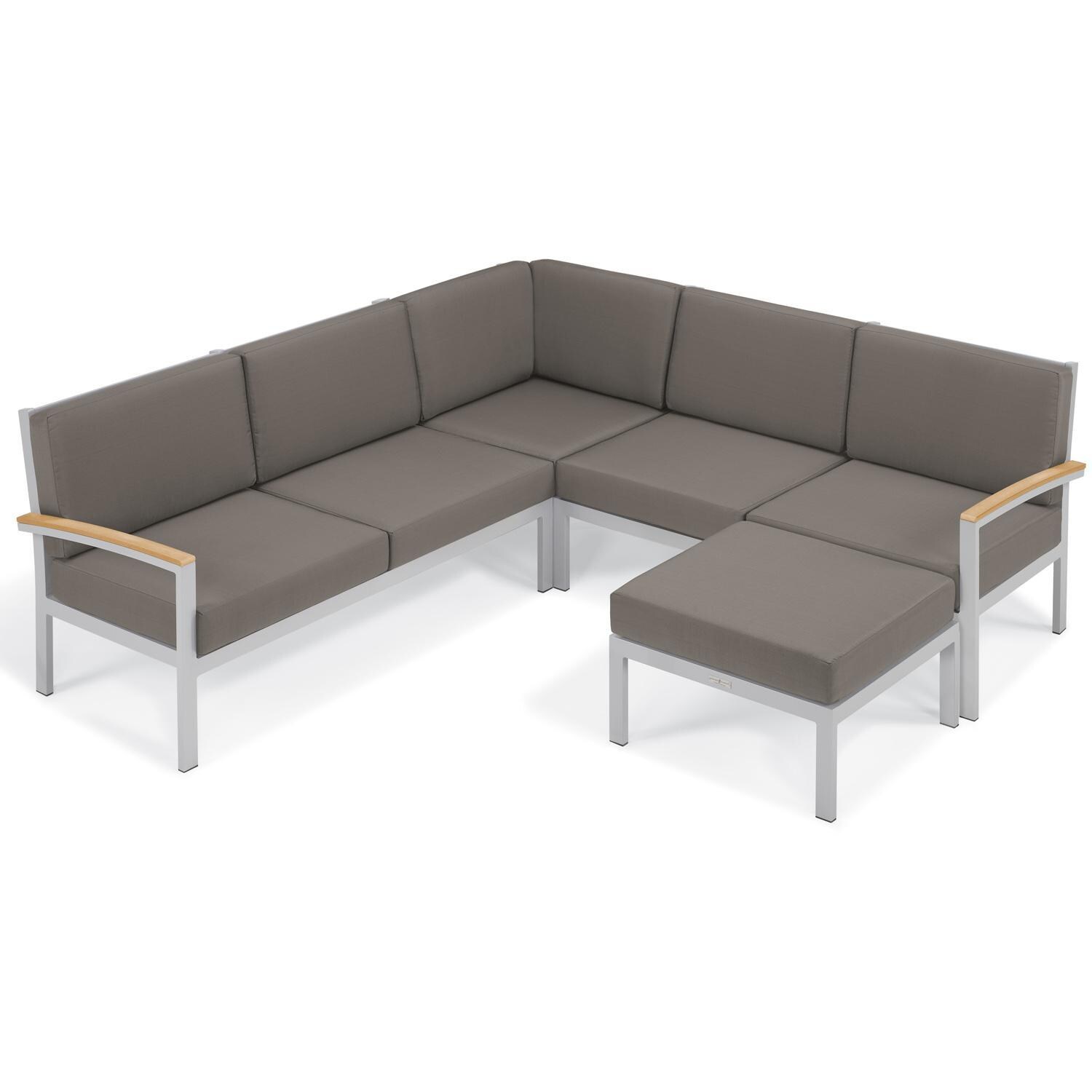 Oxford Garden Travira 2 Person Aluminum Modular Right Loveseat W/ Natural Tekwood Arm Caps in Flint/Stone - V-Shaped W/ Ottoman thumbnail