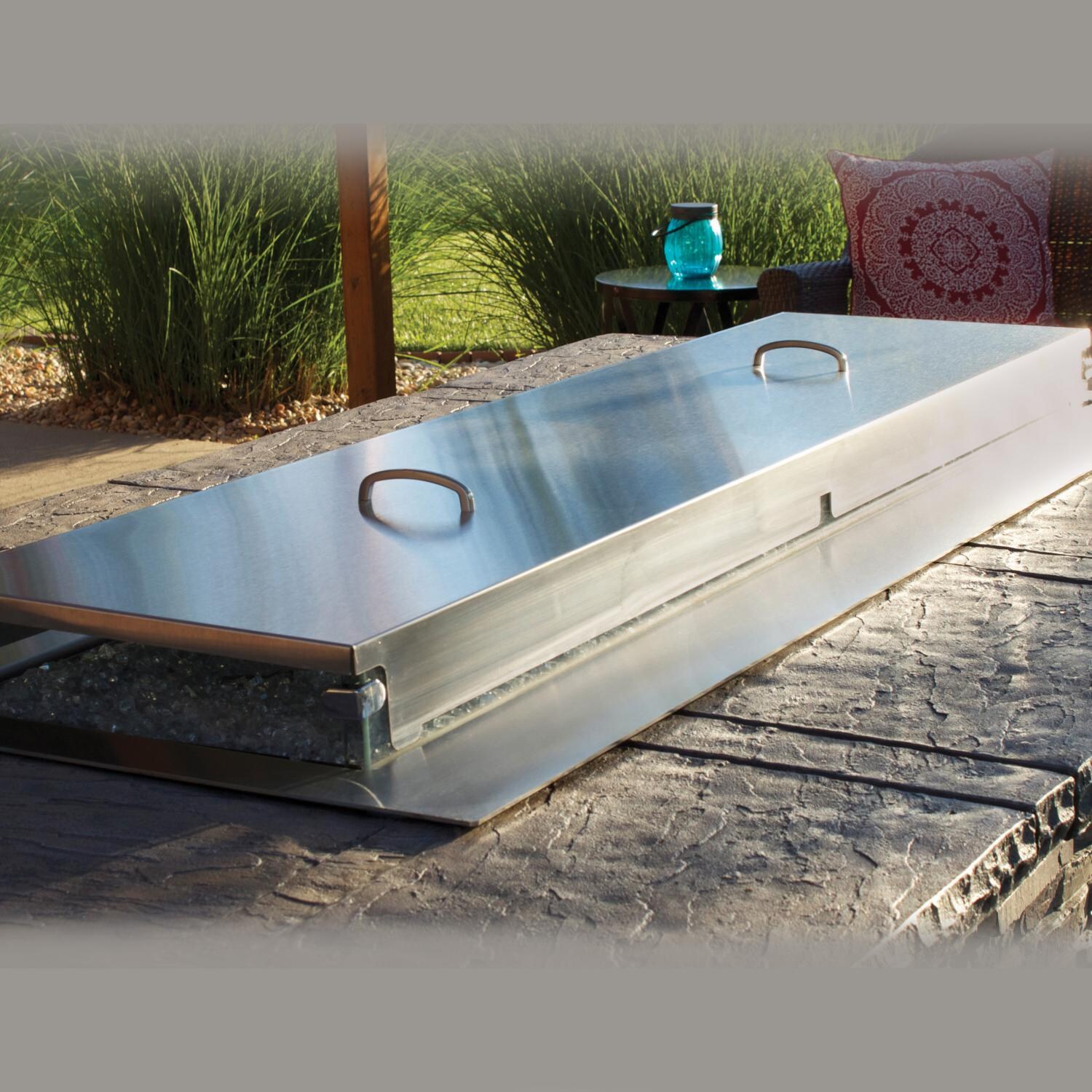 White Mountain Hearth By Empire Stainless Steel Weather Cover for Outdoor Linear Fire Pits - Shown with Wind Deflector (Sold Separately)