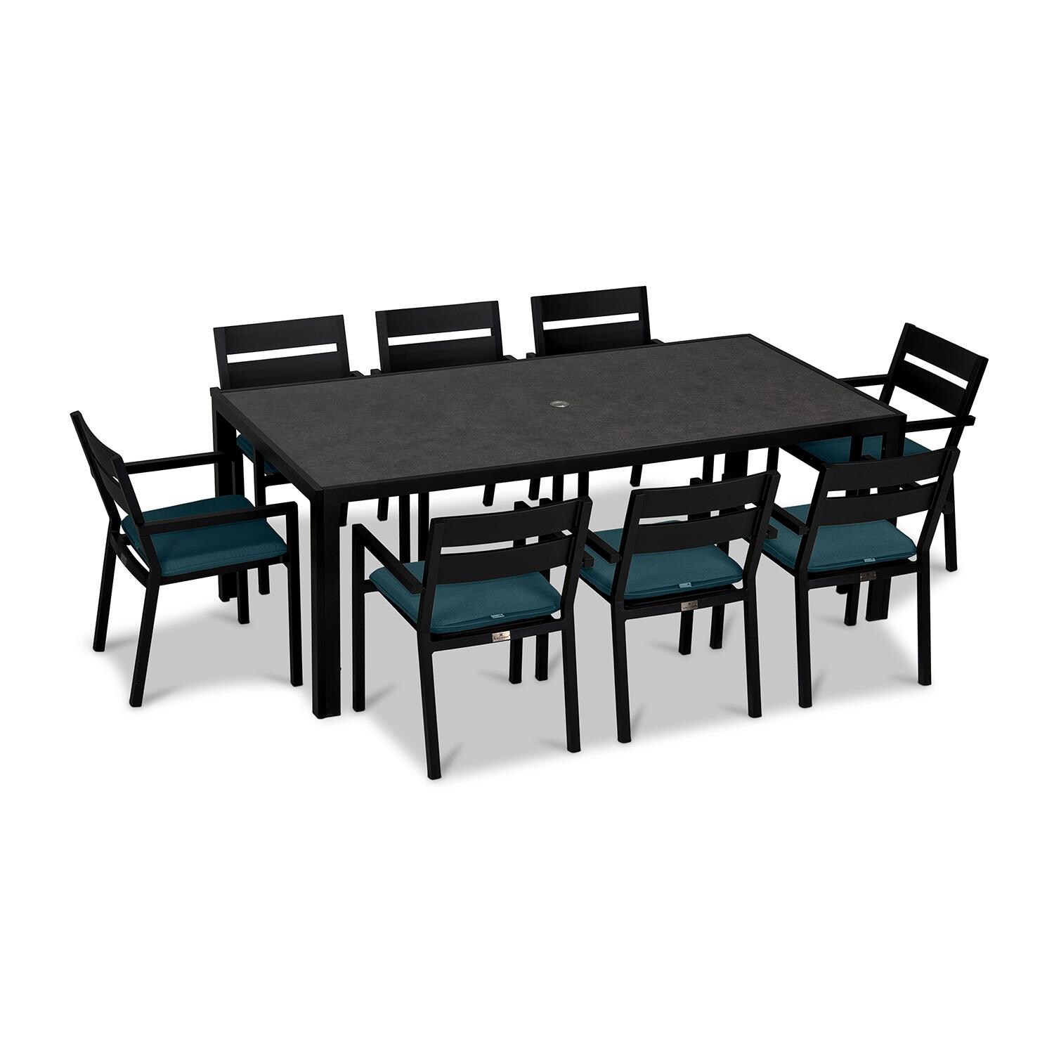 Calm Bay 9 Pc Rectangular Aluminum Dining Set in Black/Cast Lagoon by Lakeview Outdoor Designs