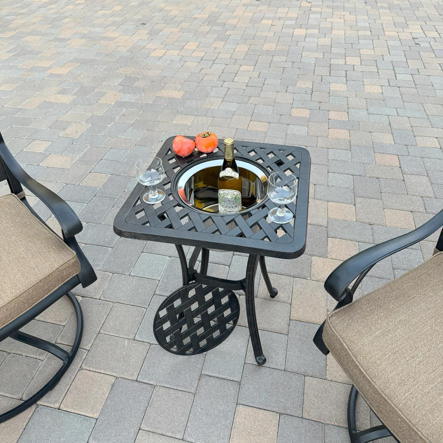 Darlee B/DL13-3PCR-30SQ-S Nassau 3 Pc Cast Aluminum Conversation Set w/ Rocker and Ice Bucket in Antique Bronze w/ Sesame Cushions - Table - Lifestyle thumbnail