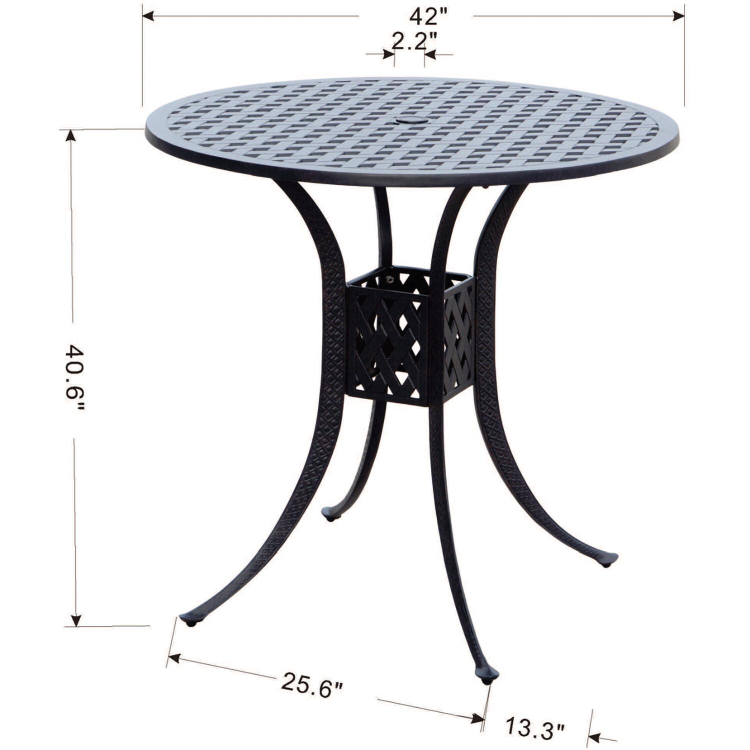 Darlee Elisabeth 5 Pc Cast Aluminum Bar Set w/ 42 Inch Round Series 30 Table in Antique Bronze/Beige - Table Dimensions - Dimensional thumbnail