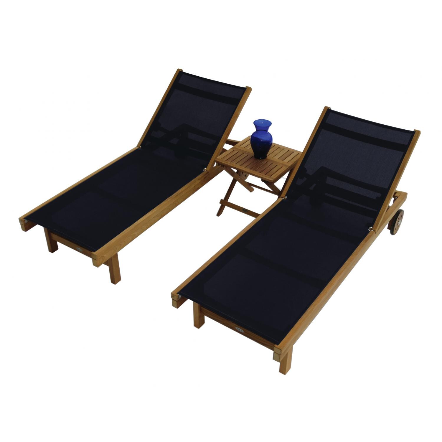 Royal Teak Collection 3 Piece Sundaze Teak Patio Chaise Lounge Set W/ 20 Inch Square Folding Side Table - Black Sling thumbnail