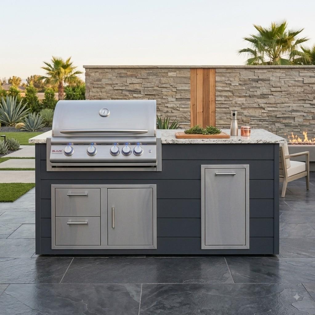 BBQGuys Signature 6 Ft Grill Island w/ 32 Inch Natural Gas Blaze Premium LTE+ Grill & Door & Drawer | Asphalt Gray w/ White Granite - Front - Lifestyle thumbnail
