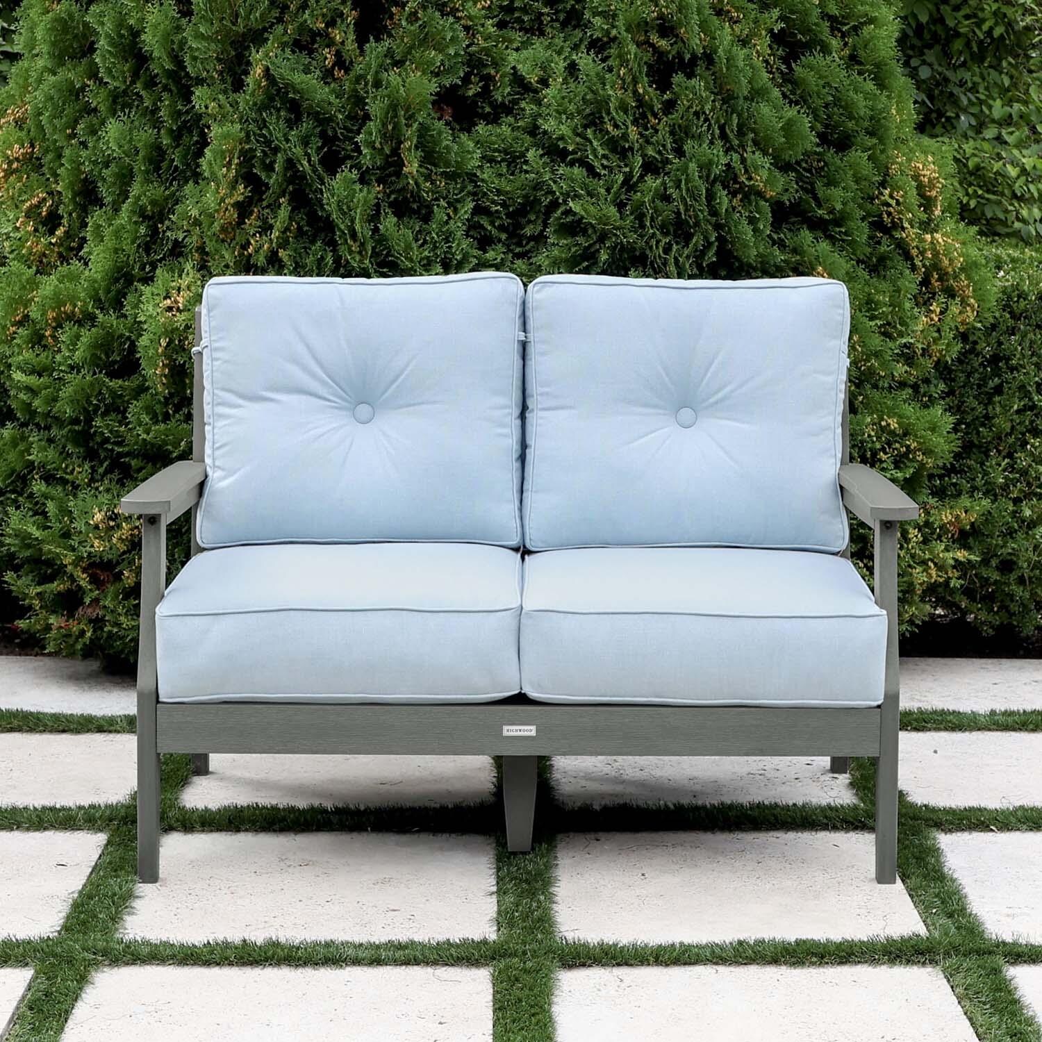 Blushing Bay 2 Person Recycled Plastic Loveseat in Bliss Dew/Coastal Teak by Lakeview Outdoor Designs - Lifestyle thumbnail