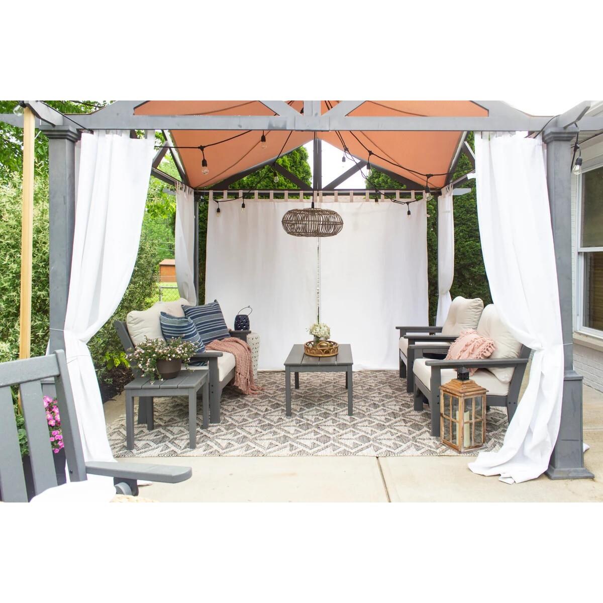 POLYWOOD Vineyard Slate Grey & Natural Linen 4-Piece Deep Seating Set - Back Patio - Shown in Slate Grey/Dune Burlap finish - Lifestyle thumbnail
