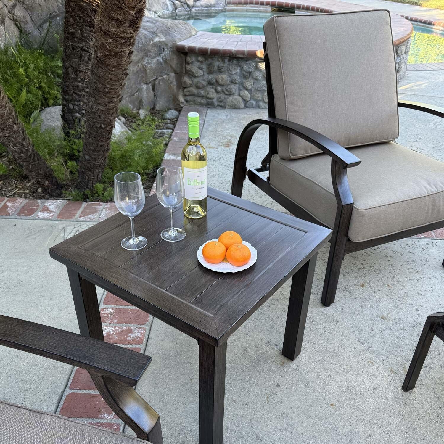 Atlantis 5 Pc Aluminum Seating Set in Walnut/Beige by Darlee - Close Up - Lifestyle thumbnail